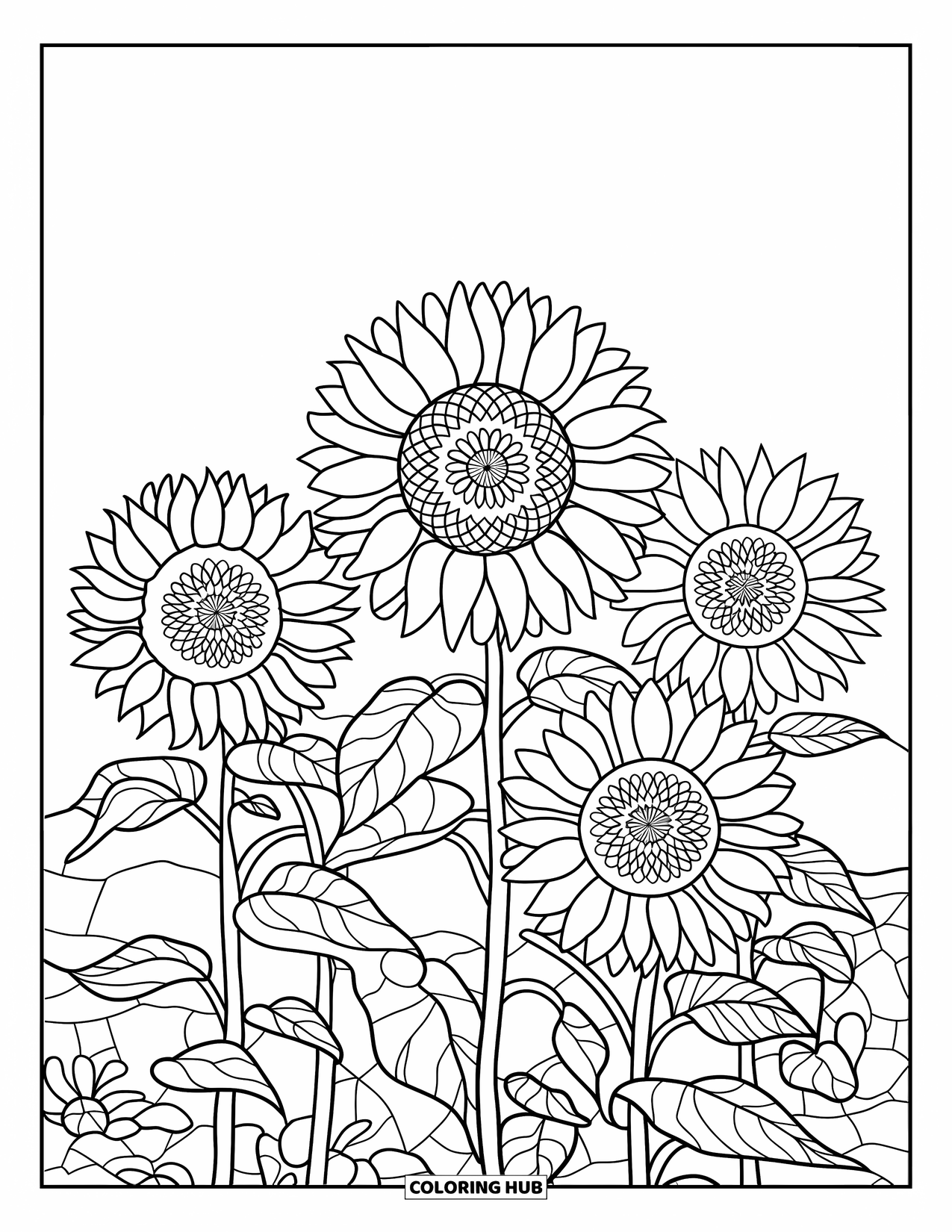 Desenho de Vitral para Colorir para Adultos: Campo de girassóis de vitral com padrões de folhas e um céu suave