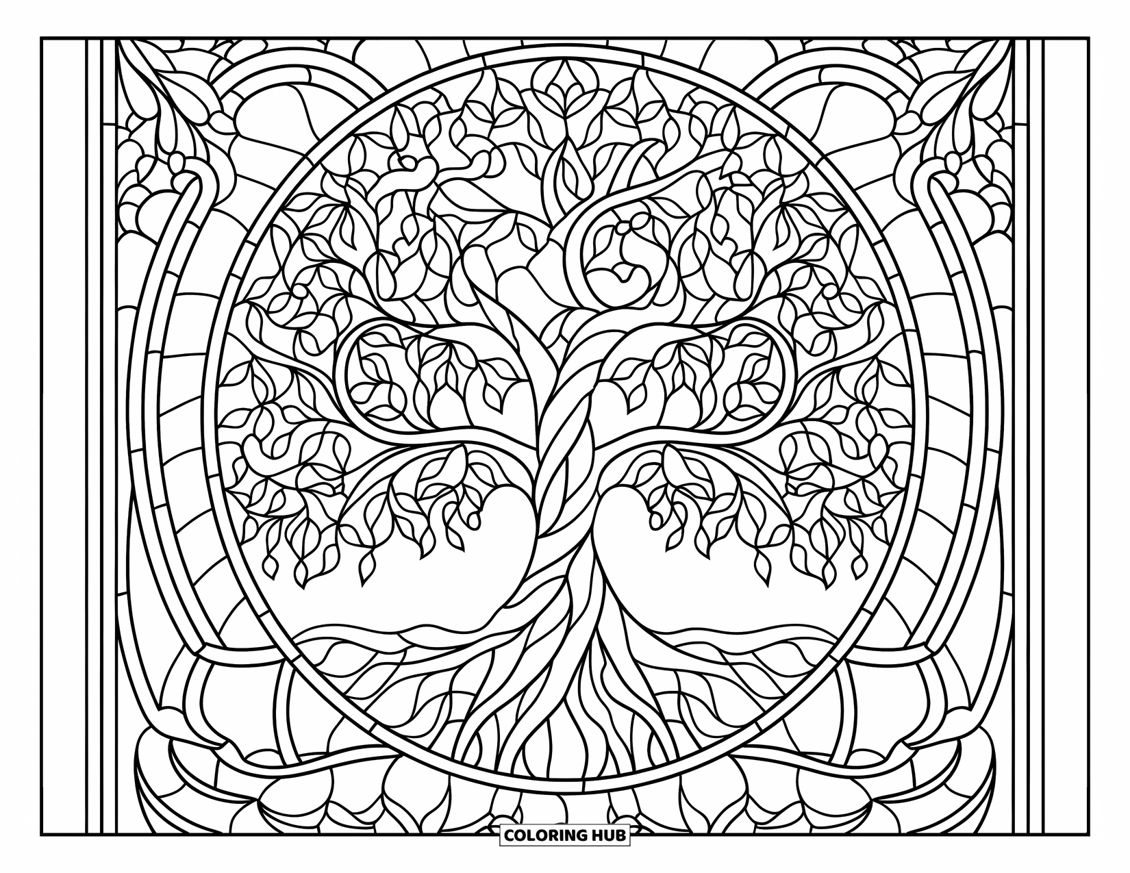 Desenho de Vitral para Colorir para Adultos: Árvore de vitral cheia de pássaros, animais e galhos rodopiantes