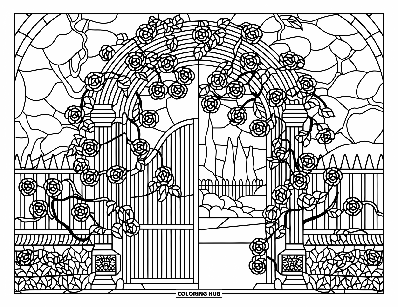 Desenho de Vitral para Colorir para Adultos: Portão de madeira de vitral com rosas, hera e detalhes de jardim tranquilo