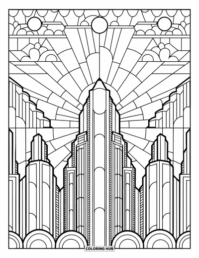 Stained Glass Coloring Page for Adults: Sunburst city skyline in Art Deco stained glass style