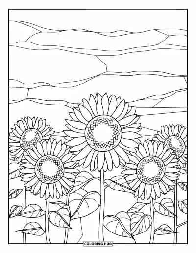 Stained Glass Coloring Page for Adults: Sunflower field in stained glass with patterned leaves and big blooms