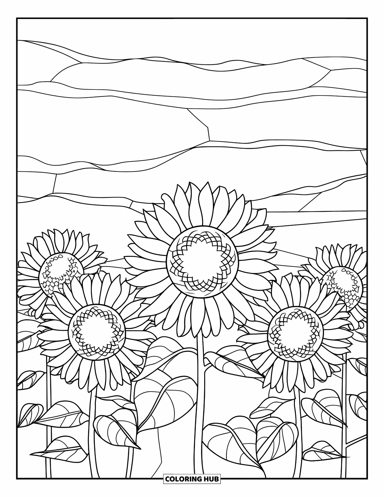 Desenho de Vitral para Colorir para Adultos: Campo de girassóis em vitral com folhas estampadas e grandes flores
