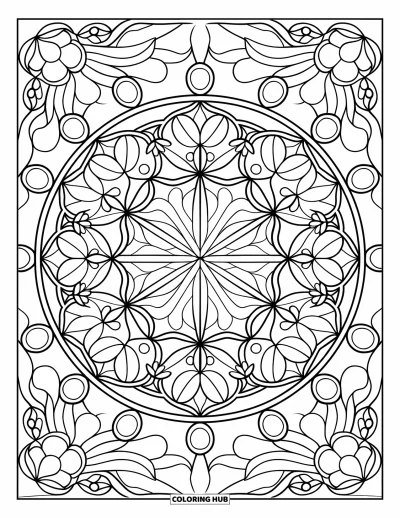 Stained Glass Coloring Page for Adults: Symmetrical floral and star design in stained glass mandala style
