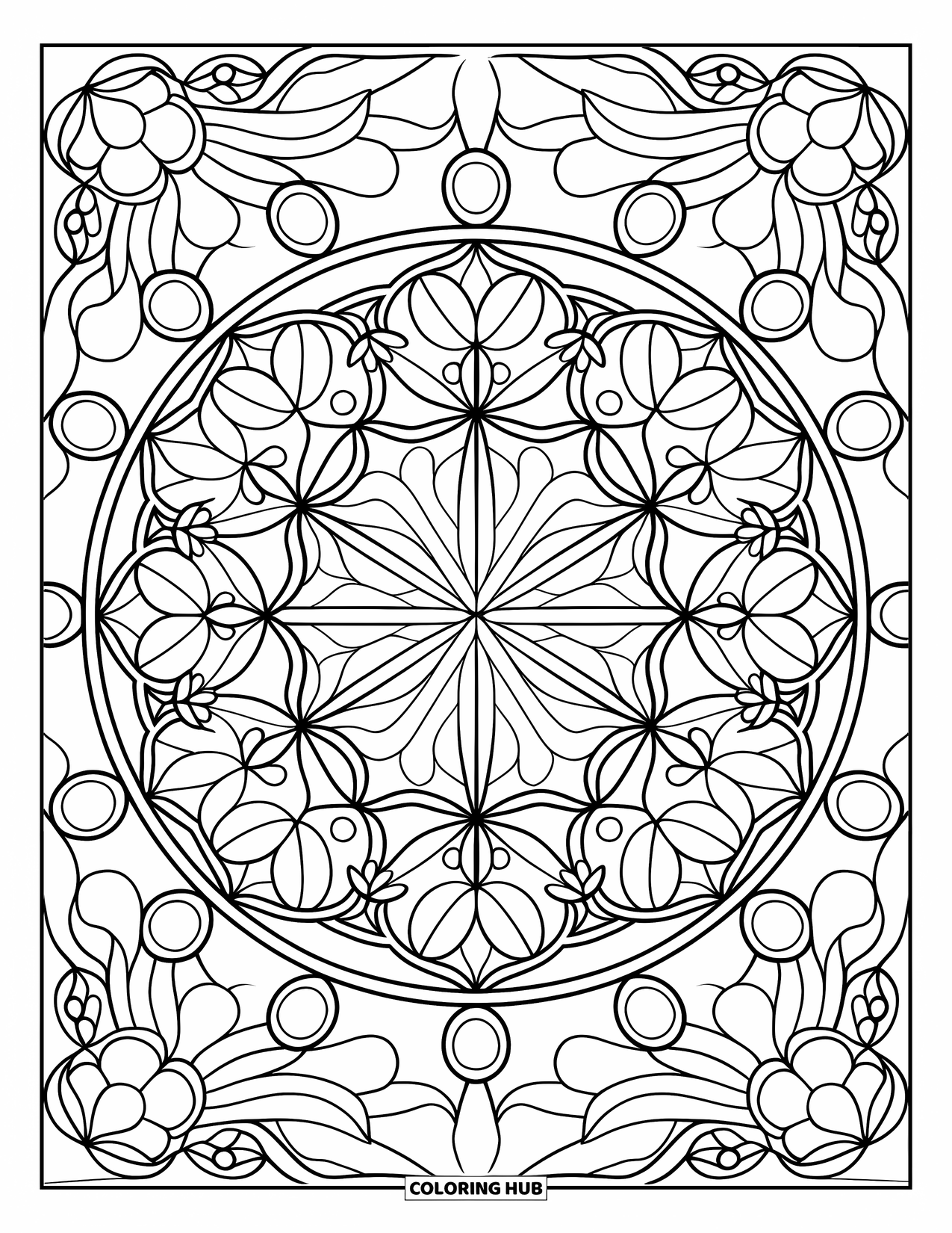 Desenho de Vitral para Colorir para Adultos: Design floral e de estrela simétrico em estilo de mandala de vitral