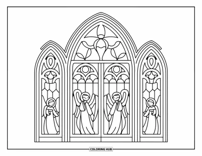 Stained Glass Coloring Page for Adults: Tall stained glass doorway with angel figures and floral tracery