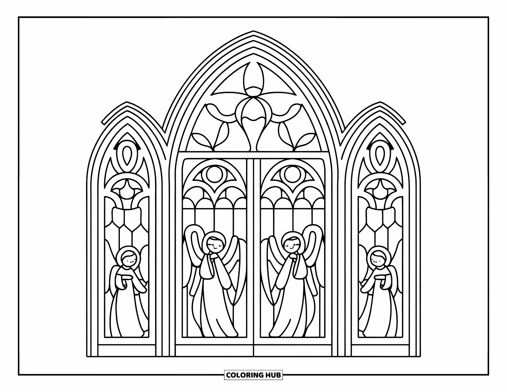 Desenho de Vitral para Colorir para Adultos: Porta alta de vitral com figuras de anjos e traceria floral