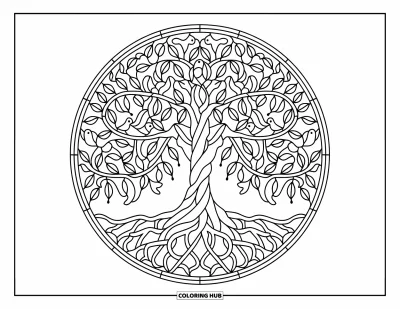 Stained Glass Coloring Page for Adults: Tree of life in stained glass with birds, animals, and twisting roots