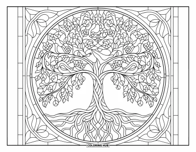 Stained Glass Coloring Page for Adults: Whimsical tree of life with birds and animals in stained glass panels
