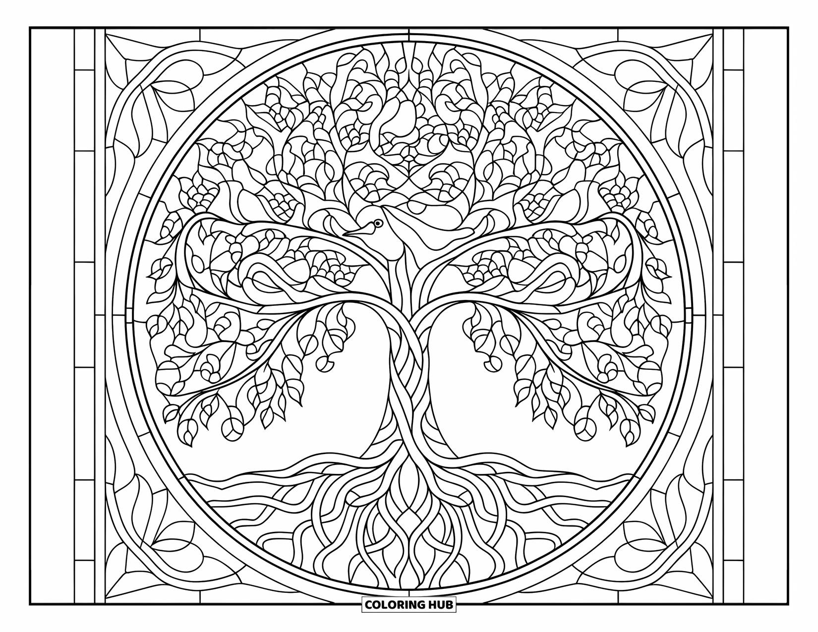 Desenho de Vitral para Colorir para Adultos: Árvore da vida caprichosa com pássaros e animais em painéis de vitral