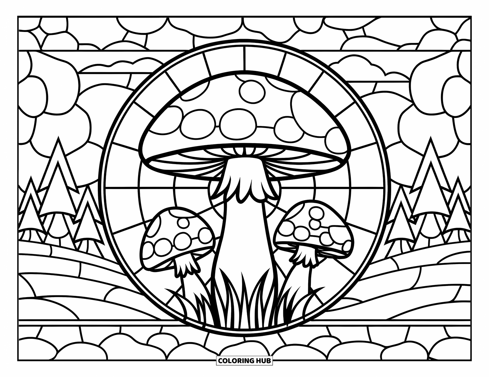 Desenho de Vitral para Colorir para Crianças: Cogumelo grande de vitral com base gramada e céu suave