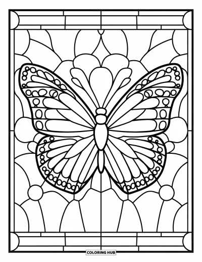 Stained Glass Coloring Page for Kids: Big-winged butterfly framed in a stained glass panel