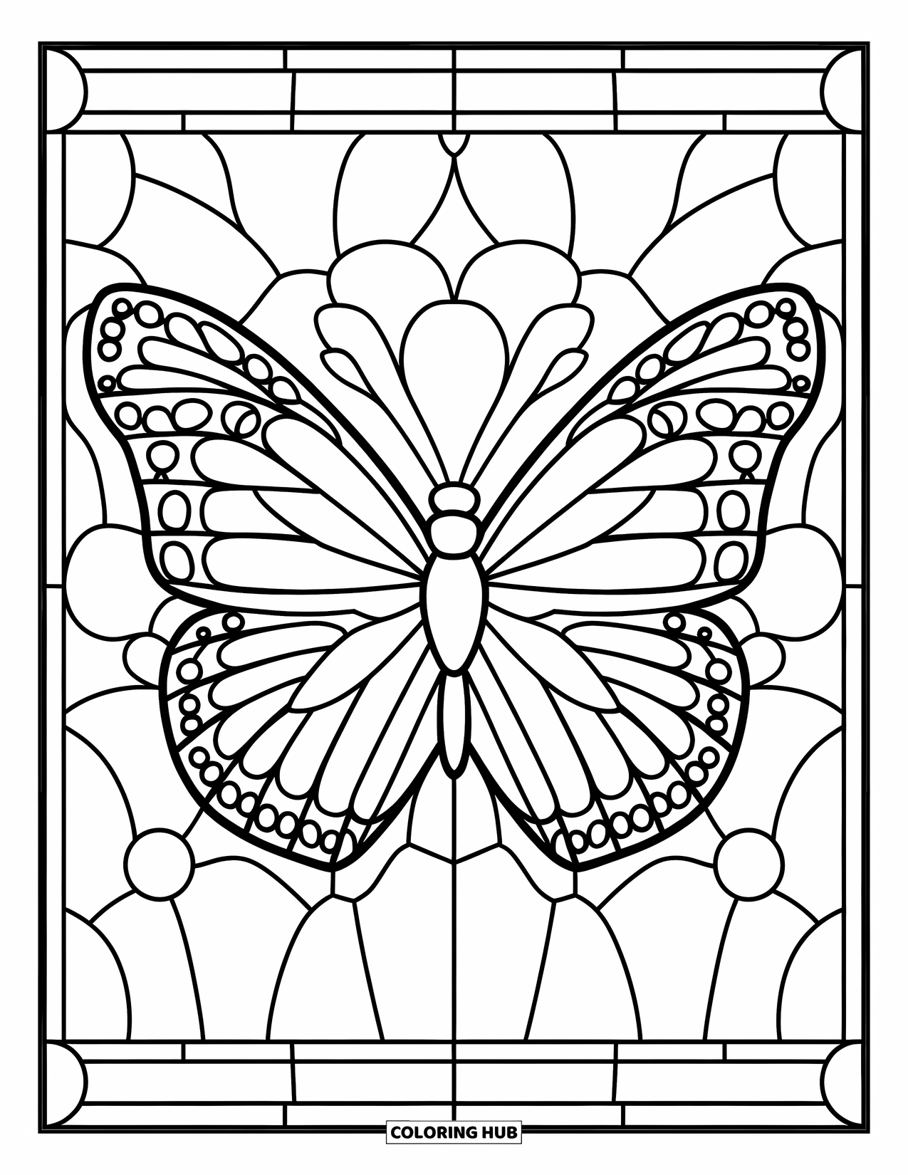 Desenho de Vitral para Colorir para Crianças: Borboleta de asas grandes emoldurada em um painel de vitral