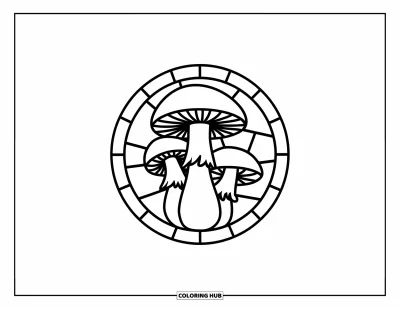 Stained Glass Coloring Page for Kids: Bold segmented mushroom in a stained glass circle
