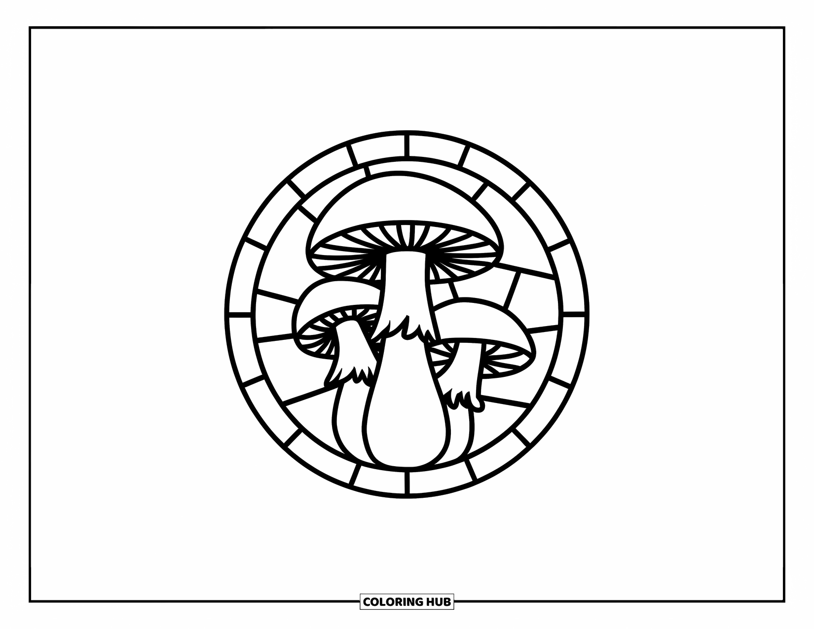 Desenho de Vitral para Colorir para Crianças: Cogumelo segmentado ousado em um círculo de vitral