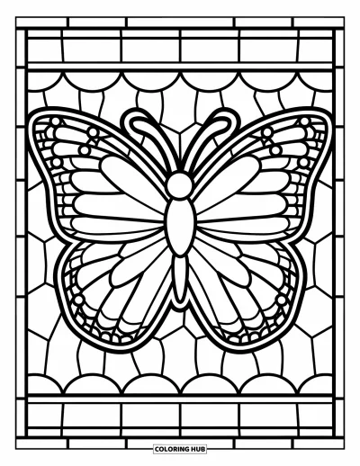 Stained Glass Coloring Page for Kids: Bold stained glass butterfly with large, simple wing patterns