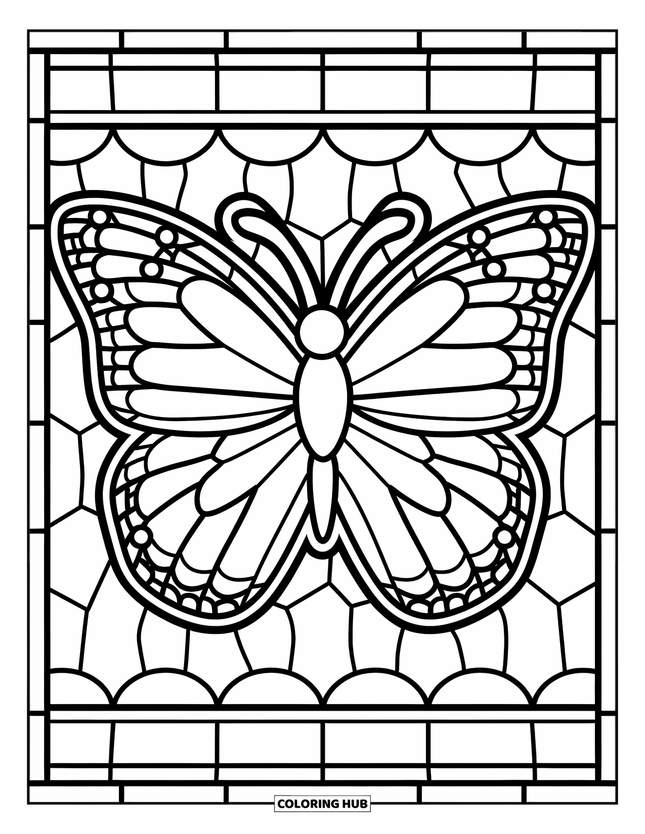 Desenho de Vitral para Colorir para Crianças: Borboleta ousada de vitral com padrões de asa grandes e simples