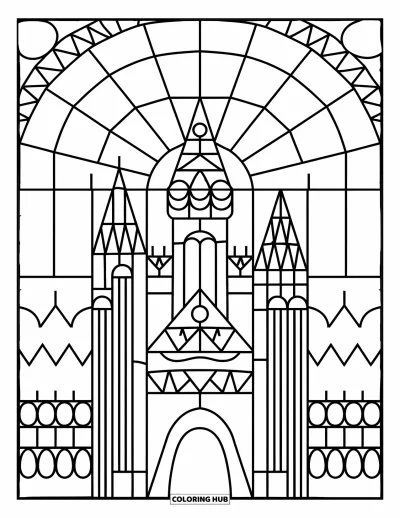 Stained Glass Coloring Page for Kids: Bold stained glass castle with drawbridge and pattern-filled sky