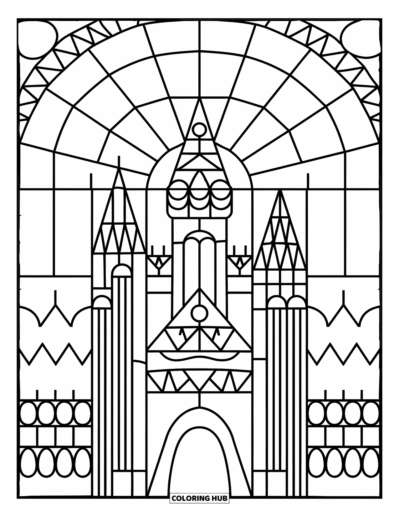 Desenho de Vitral para Colorir para Crianças: Castelo ousado de vitral com ponte levadiça e céu preenchido com padrões