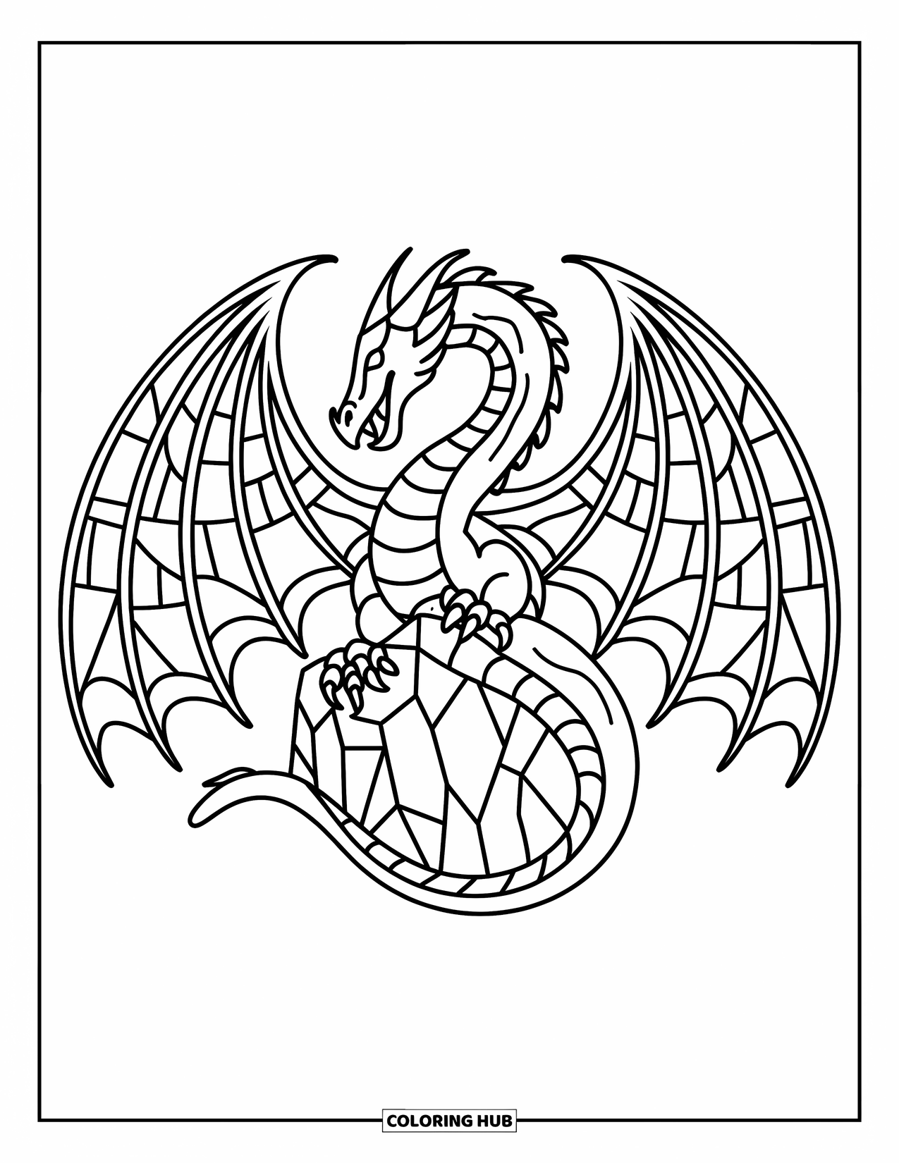 Desenho de Vitral para Colorir para Crianças: Dragão ousado de vitral com painéis de asa semelhantes a vidro e uma base de rocha