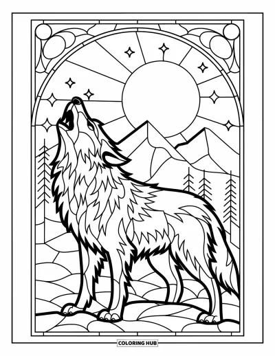 Stained Glass Coloring Page for Kids: Bold stained glass howling wolf with trees, moon, and stars