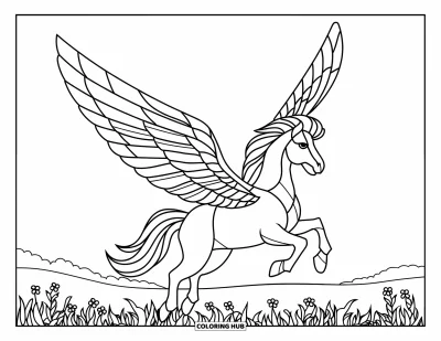 Stained Glass Coloring Page for Kids: Bold stained glass pegasus gliding over a wildflower field