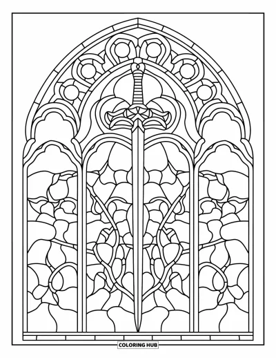 Stained Glass Coloring Page for Kids: Bold stained glass rose window with symmetrical vines and sharp details