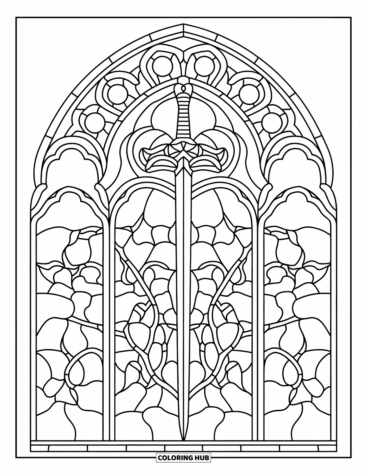 Desenho de Vitral para Colorir para Crianças: Rosácea ousada de vitral com vinhas simétricas e detalhes nítidos
