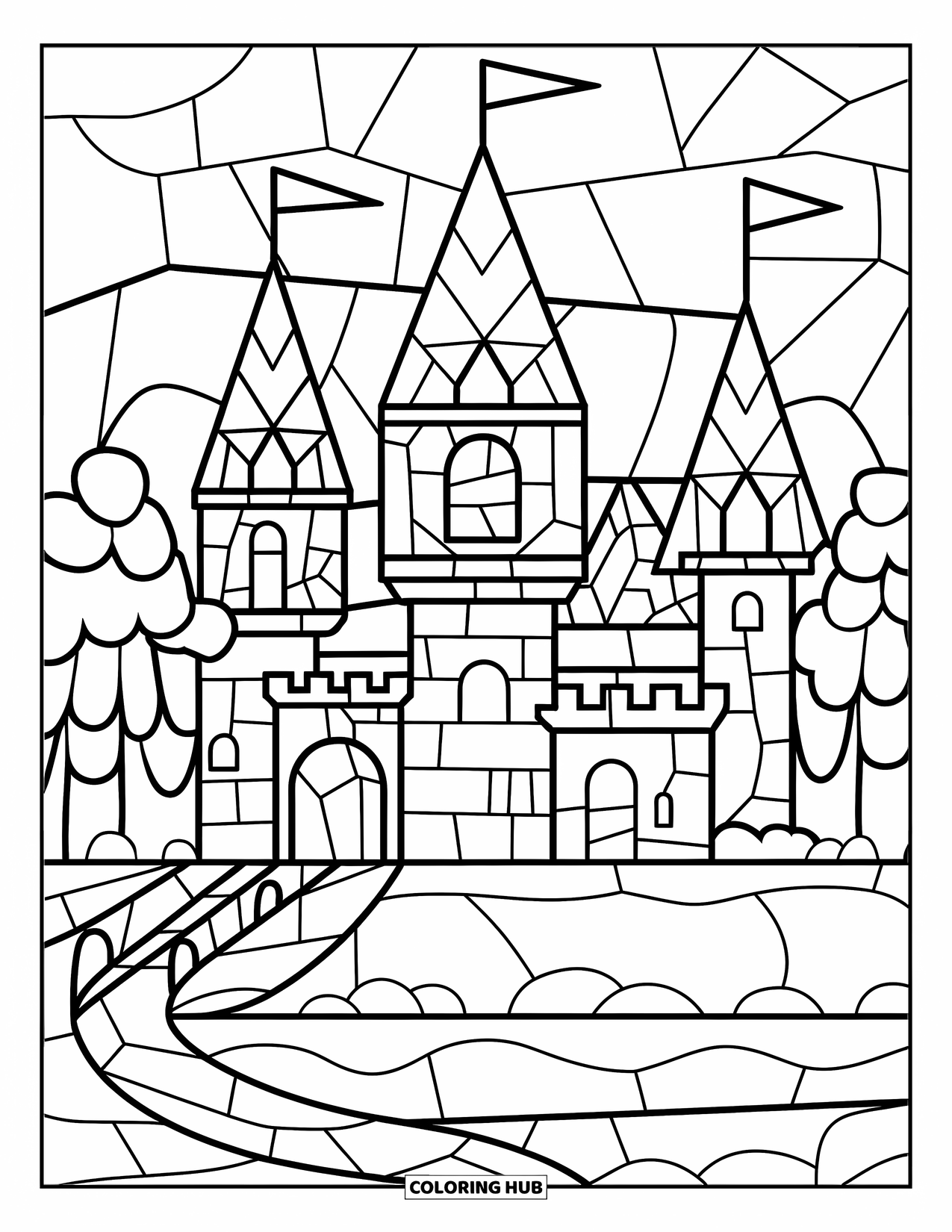 Desenho de Vitral para Colorir para Crianças: Castelo com torres de vitral e um céu em painéis acima