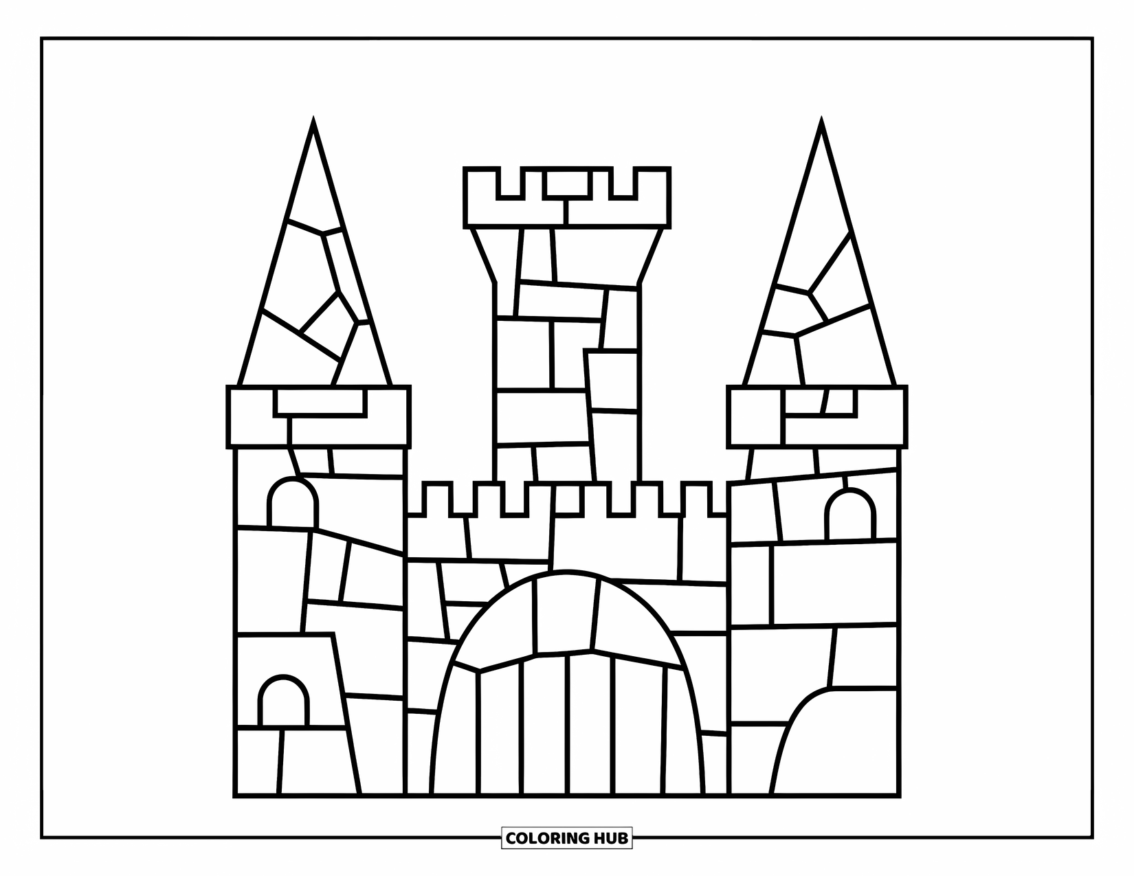 Desenho de Vitral para Colorir para Crianças: Castelo com torres em seções ousadas de painéis de vitral