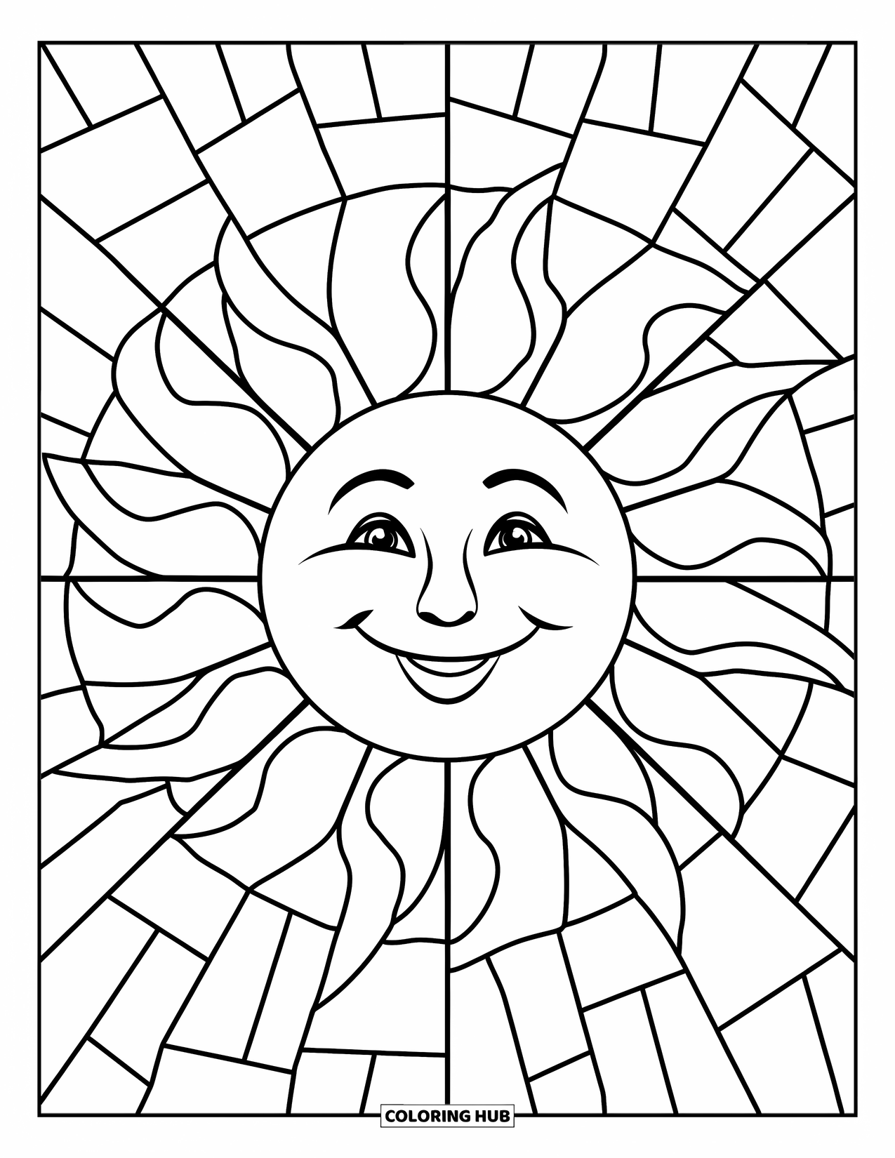 Desenho de Vitral para Colorir para Crianças: Sol alegre de vitral com raios longos e ondulados e um grande sorriso