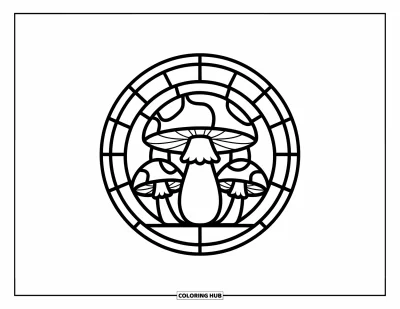 Stained Glass Coloring Page for Kids: Chunky stained glass mushroom in a circular frame