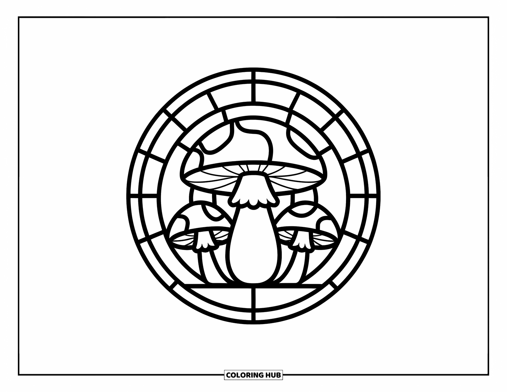 Desenho de Vitral para Colorir para Crianças: Cogumelo robusto de vitral em uma moldura circular