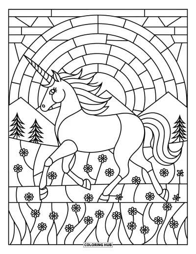 Stained Glass Coloring Page for Kids: Colorful stained glass unicorn in a meadow with mountains