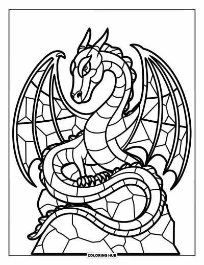 Stained Glass Coloring Page for Kids: Curled dragon with stained glass wings and swirling body segments