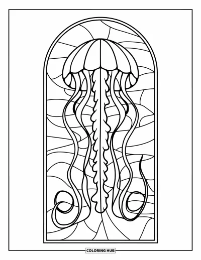 Stained Glass Coloring Page for Kids: Curvy stained glass jellyfish with swirling panels and soft shapes