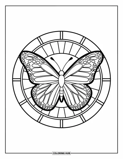 Stained Glass Coloring Page for Kids: Cute butterfly in a round stained glass frame with bold lines