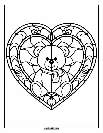 Stained Glass Coloring Page for Kids: Cute teddy bear with a scarf inside a stained glass heart