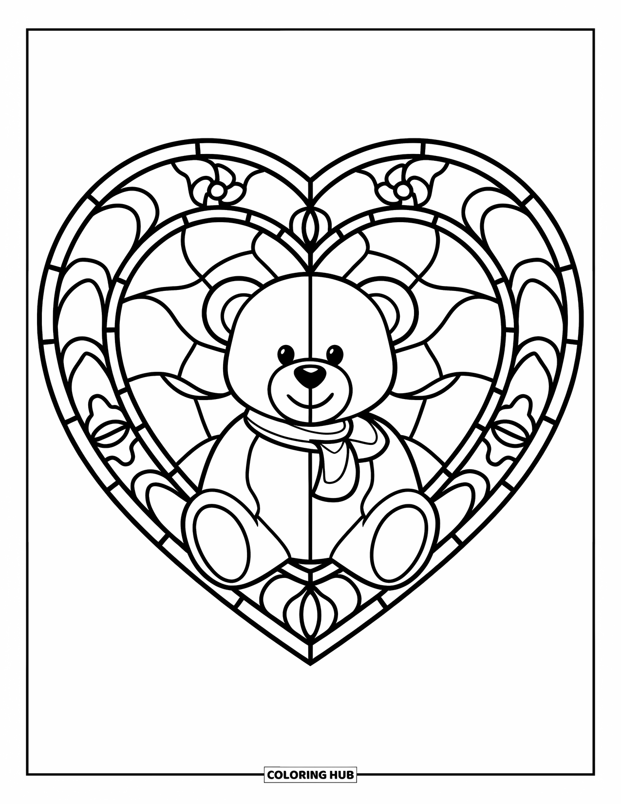 Desenho de Vitral para Colorir para Crianças: Ursinho de pelúcia fofo com um cachecol dentro de um coração de vitral