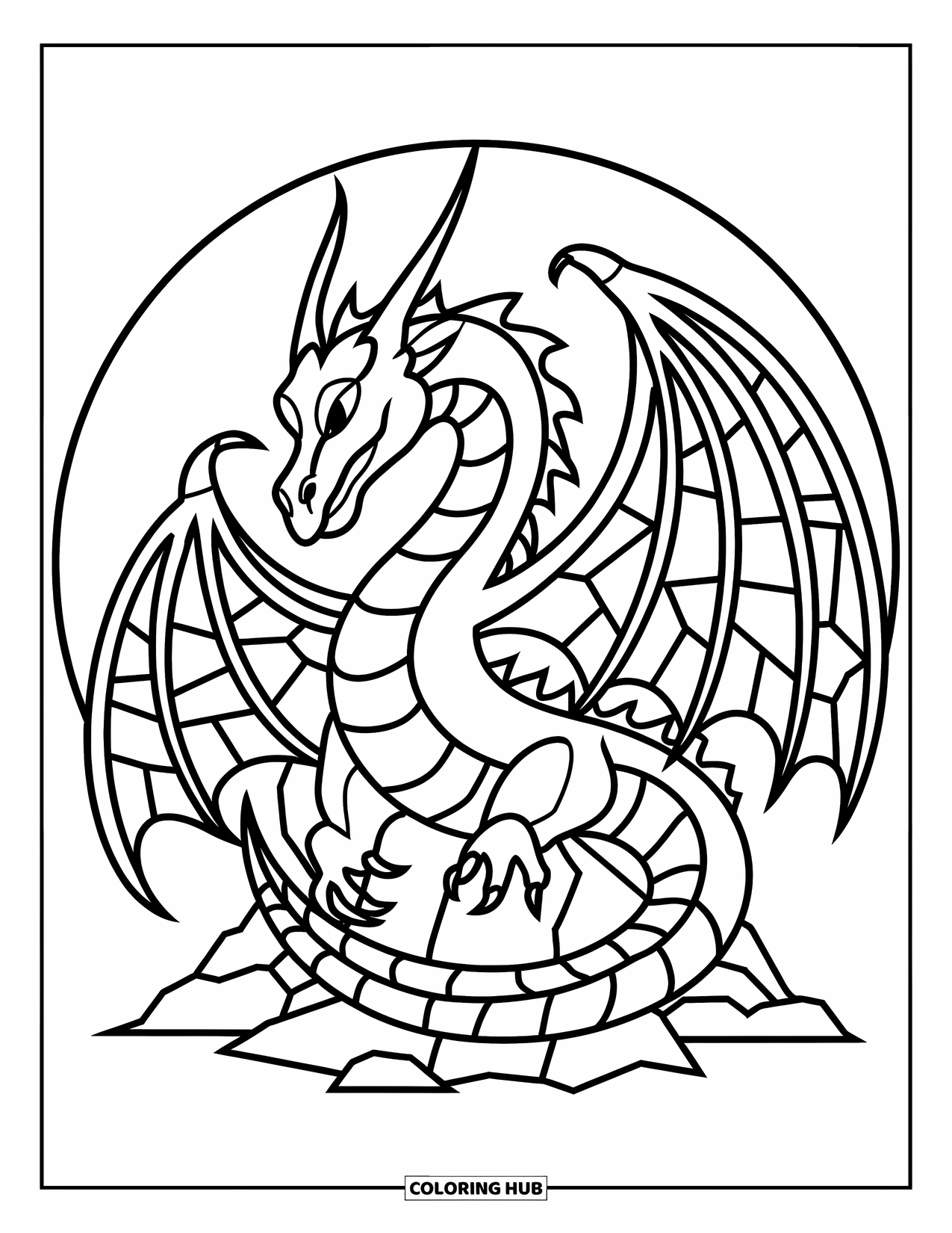 Desenho de Vitral para Colorir para Crianças: Dragão enrolado em uma pedra com asas de vitral