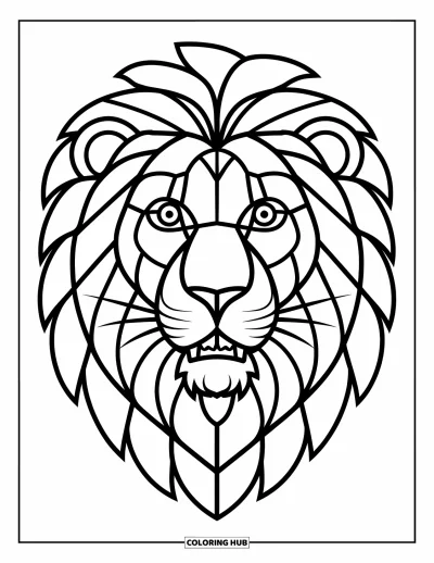 Stained Glass Coloring Page for Kids: Expressive stained glass lion face with bold lines and strong features