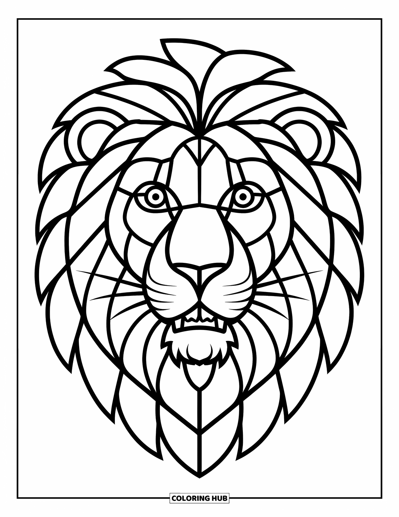 Desenho de Vitral para Colorir para Crianças: Rosto expressivo de leão de vitral com linhas ousadas e características fortes