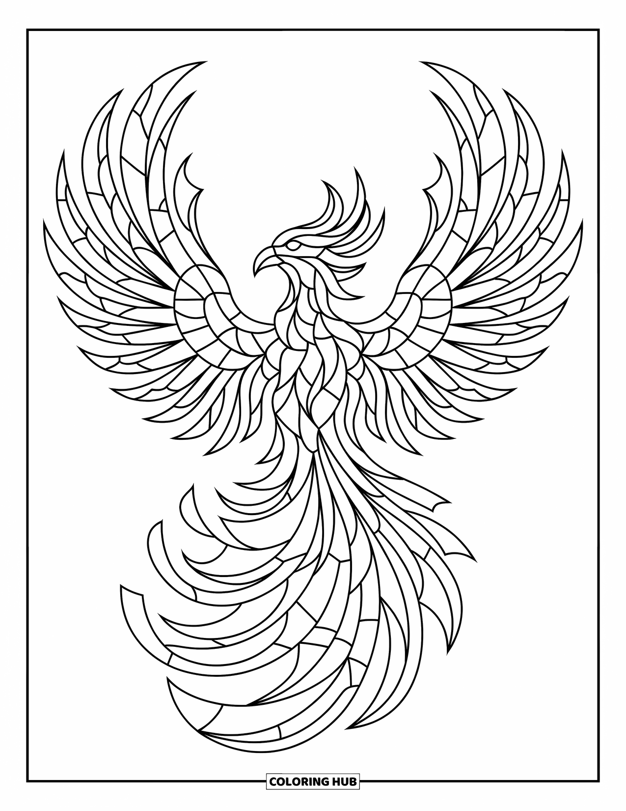 Desenho de Vitral para Colorir para Crianças: Fênix flamejante de vitral cercada por mosaicos de chamas ousadas