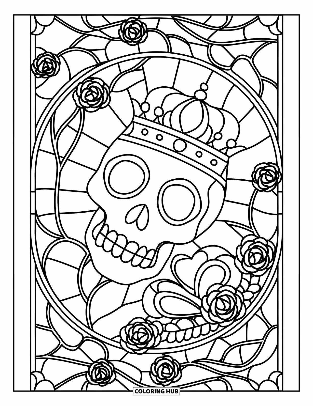 Desenho de Vitral para Colorir para Crianças: Crânio floral de vitral cercado por rosas e um coração