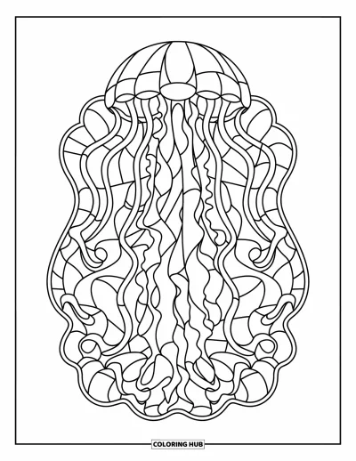 Stained Glass Coloring Page for Kids: Flowing stained glass jellyfish with swirling segmented panels