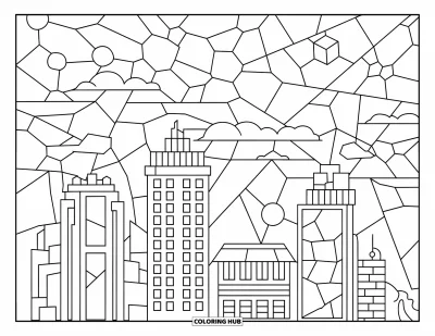Stained Glass Coloring Page for Kids: Geometric stained glass city scene with glowing towers and star shapes