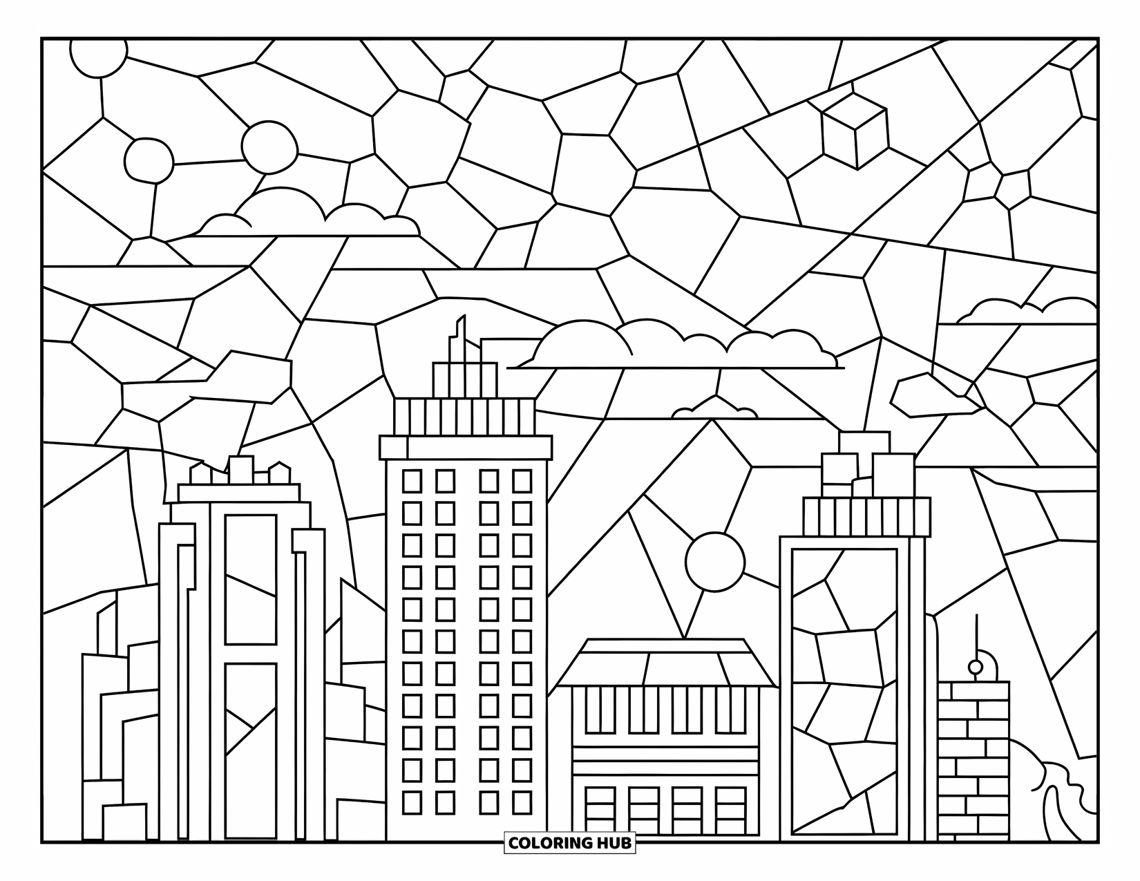 Desenho de Vitral para Colorir para Crianças: Cena geométrica de cidade de vitral com torres brilhantes e formas de estrelas