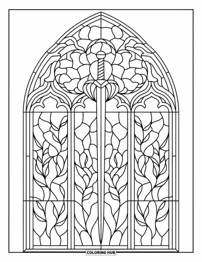Stained Glass Coloring Page for Kids: Gothic stained glass rose window with sword and curling vines