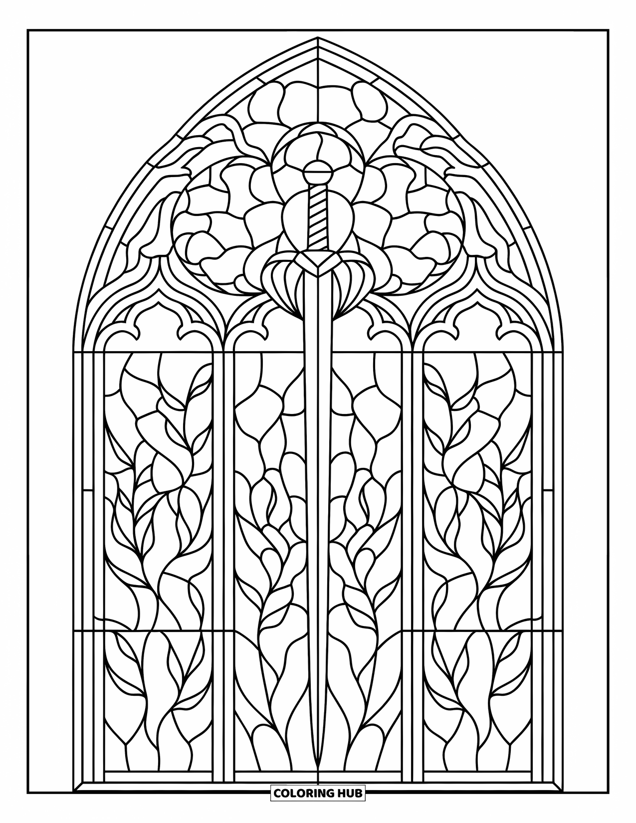 Desenho de Vitral para Colorir para Crianças: Rosácea gótica de vitral com espada e vinhas enroladas