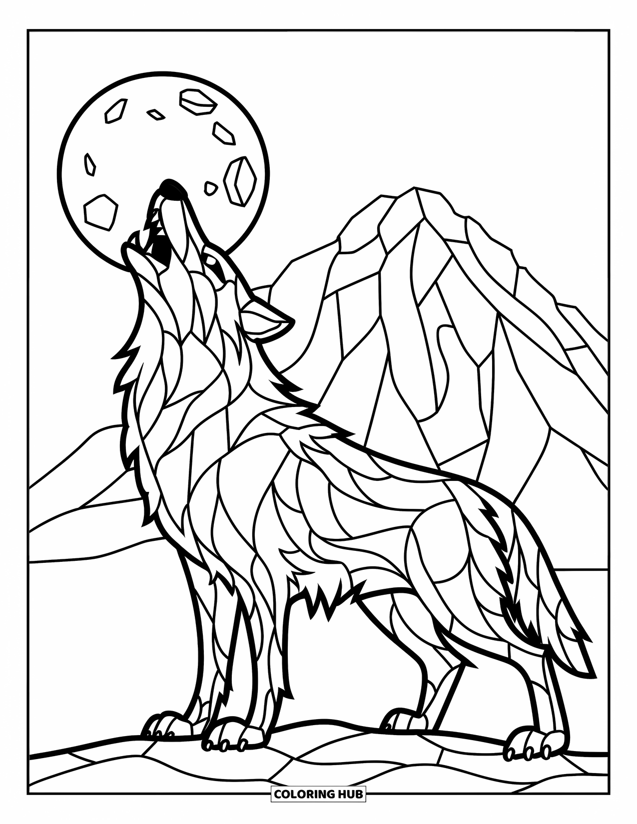 Desenho de Vitral para Colorir para Crianças: Lobo uivando de vitral com pele detalhada e silhueta de montanha