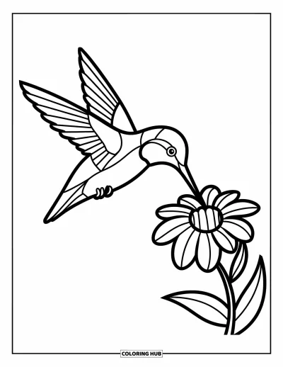 Stained Glass Coloring Page for Kids: Hummingbird sipping nectar with stained glass wings and petals